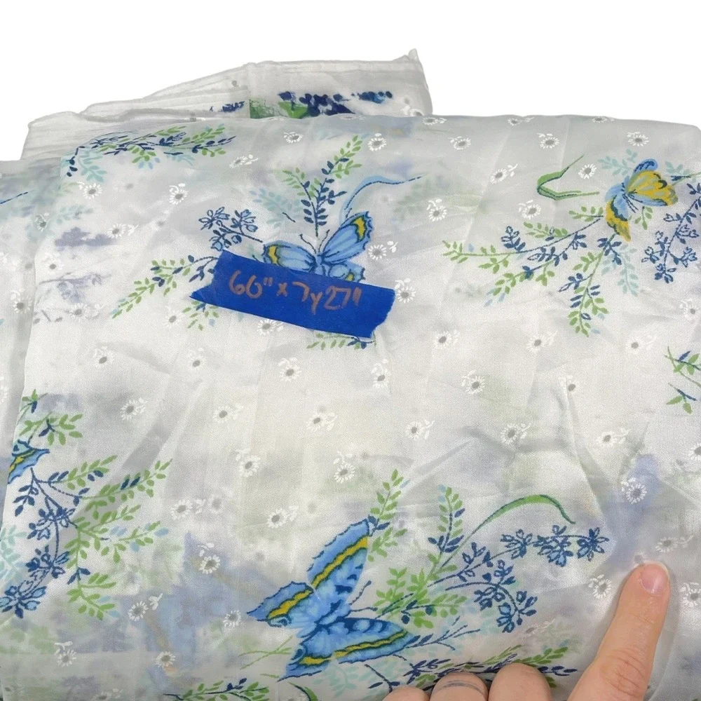 7 Yards White Blue Butterfly Floral Eyelet Sheer Fabric Panels Cottagecore DIY‎